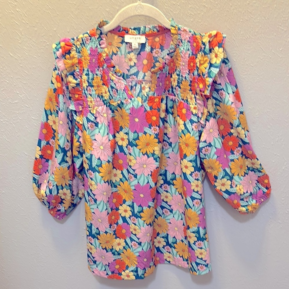 Umgee Floral Puff Sleeve Blouse Top with Smocked Details Women’s Size Medium